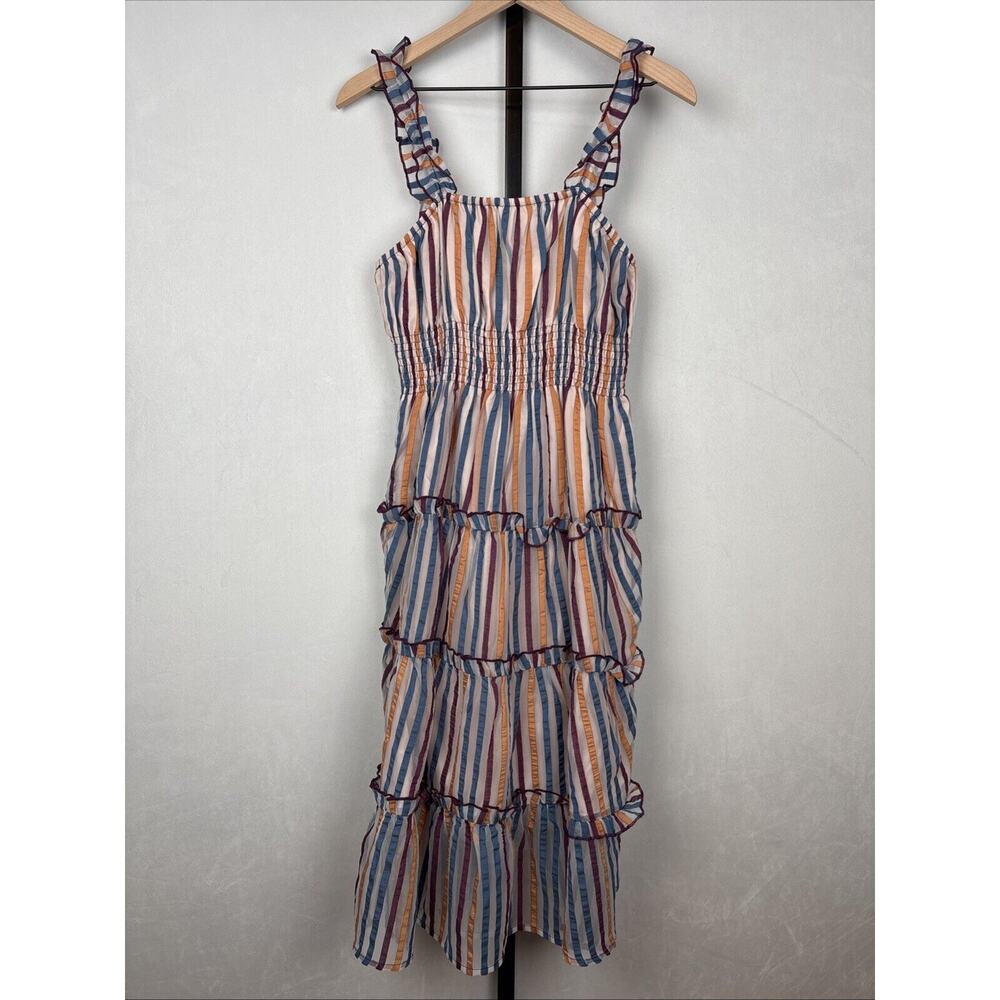 Tularosa Revolve Ingrid Dress M Colorful Striped Ruffled Smocked Fit and Flare - Picture 2 of 12